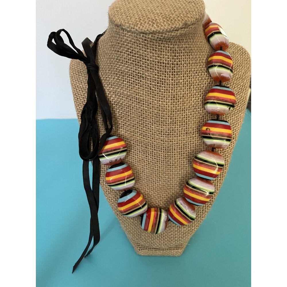 Colorful possibly Marion Goddart vintage Beaded Necklace With Adjustable Ribbon